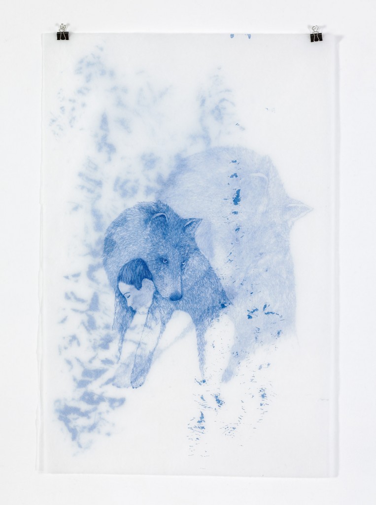 מורן קליגר, לפנות בוקר, 2016, מיצב רישומים, עט ודיו כחול על נייר יפני, 270X250 סמ